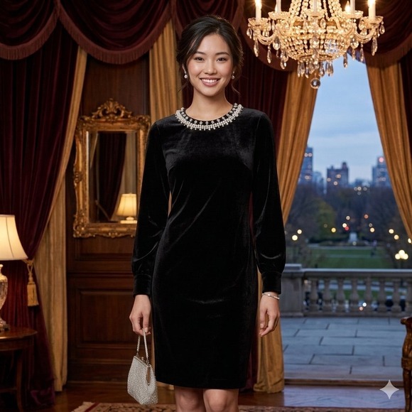 Tahari Arthur S Levine Dresses & Skirts - Tahari ASL Womens 16W Velvet Pearl Embellished Sheer Sleeve Black Cocktail Dress